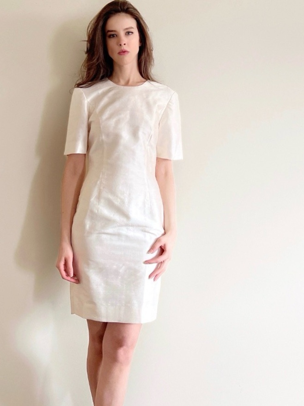 90s Silk Elegant Cream Short-Sleeve Sheath Dress